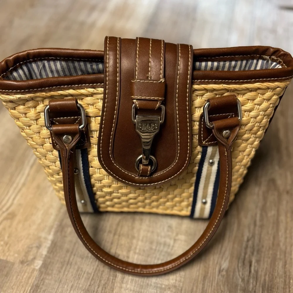 Chaps Preppy Coastal Woven Straw Leather Trim Metal Detail Shoulder Bag